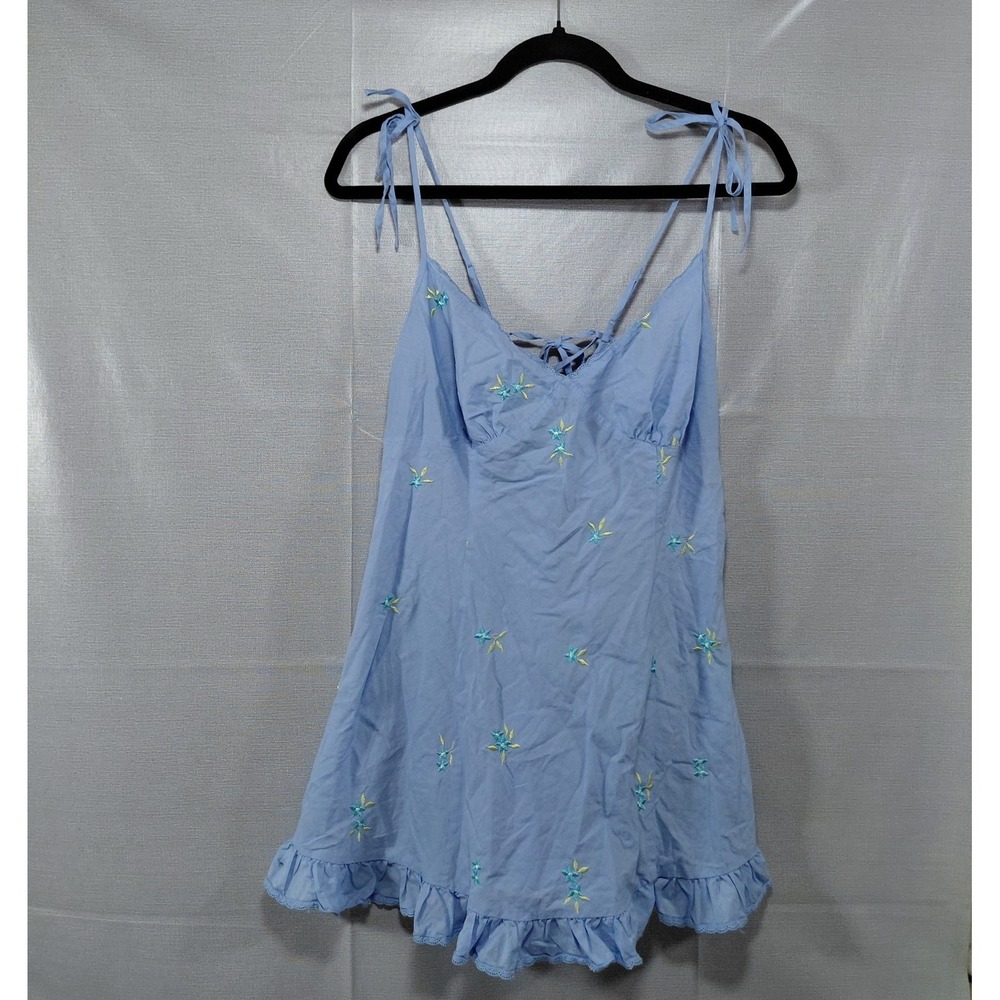 Victoria's Secret Floral Embroidered Babydoll Slip Dress LG Cotton Periwinkle